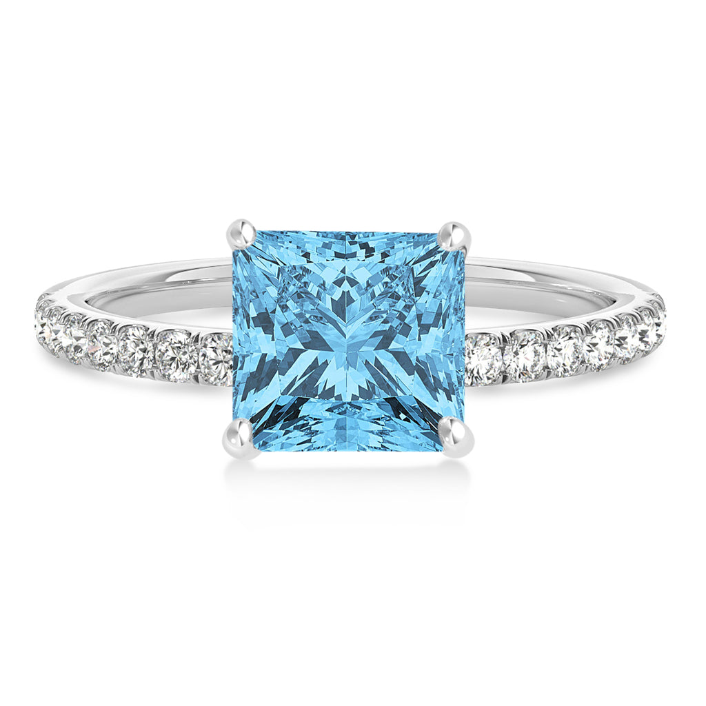 Princess Blue Topaz & Diamond Single Row Hidden Halo Engagement Ring Palladium (0.81ct)