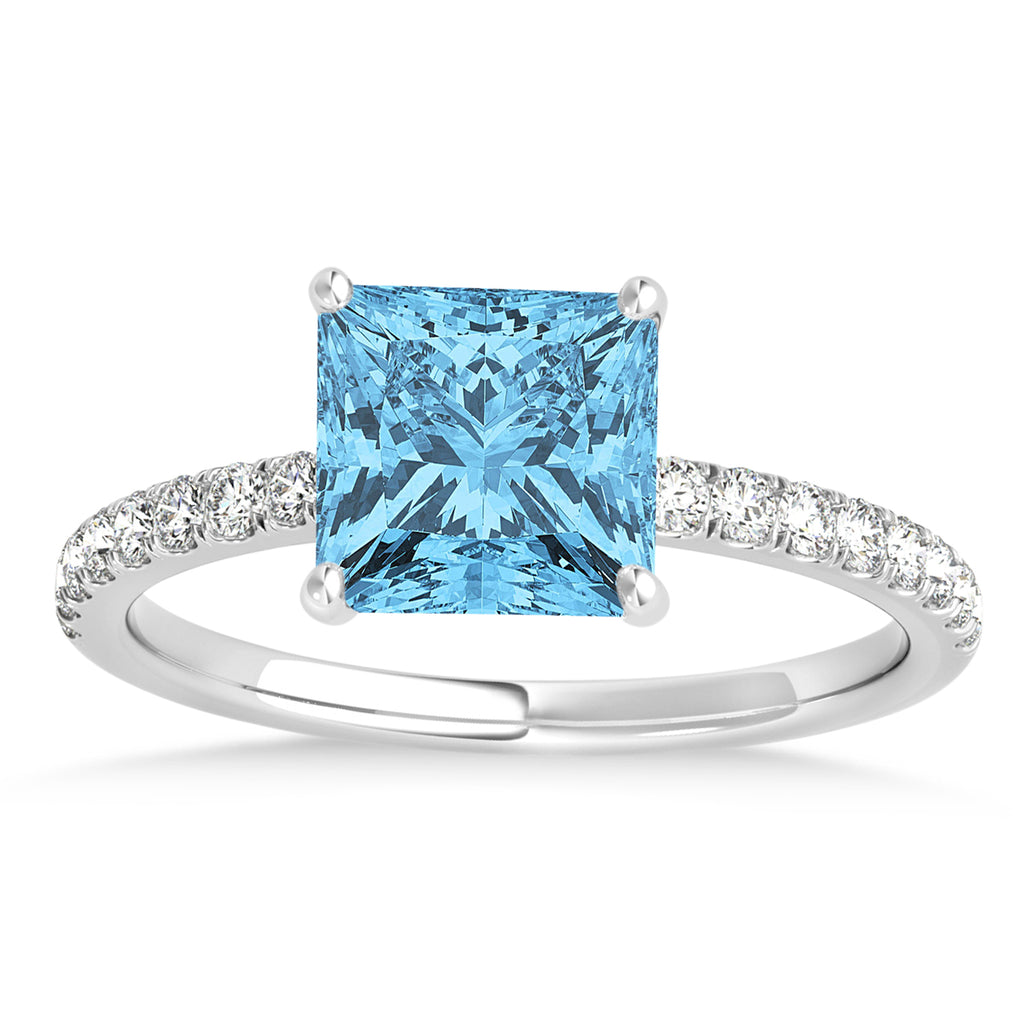 Princess Blue Topaz & Diamond Single Row Hidden Halo Engagement Ring Palladium (0.81ct)