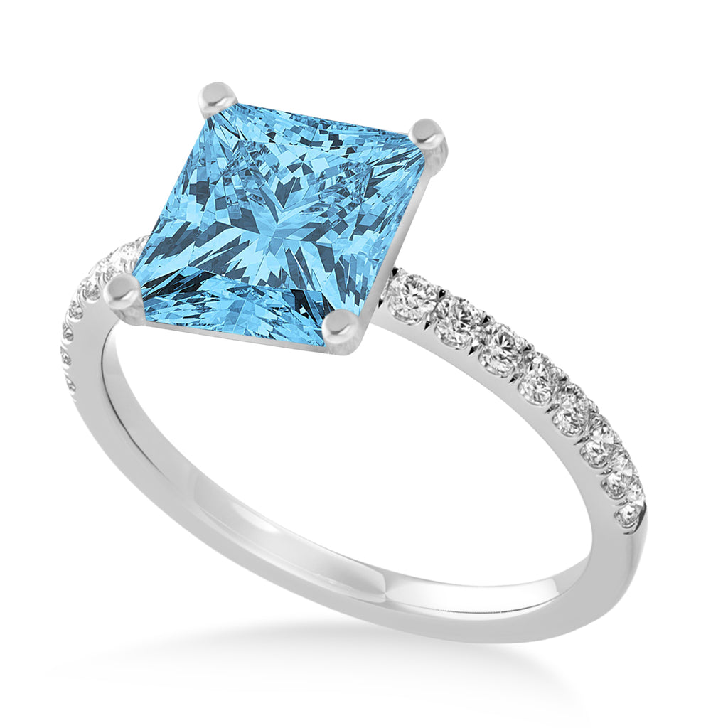 Princess Blue Topaz & Diamond Single Row Hidden Halo Engagement Ring Platinum (0.81ct)