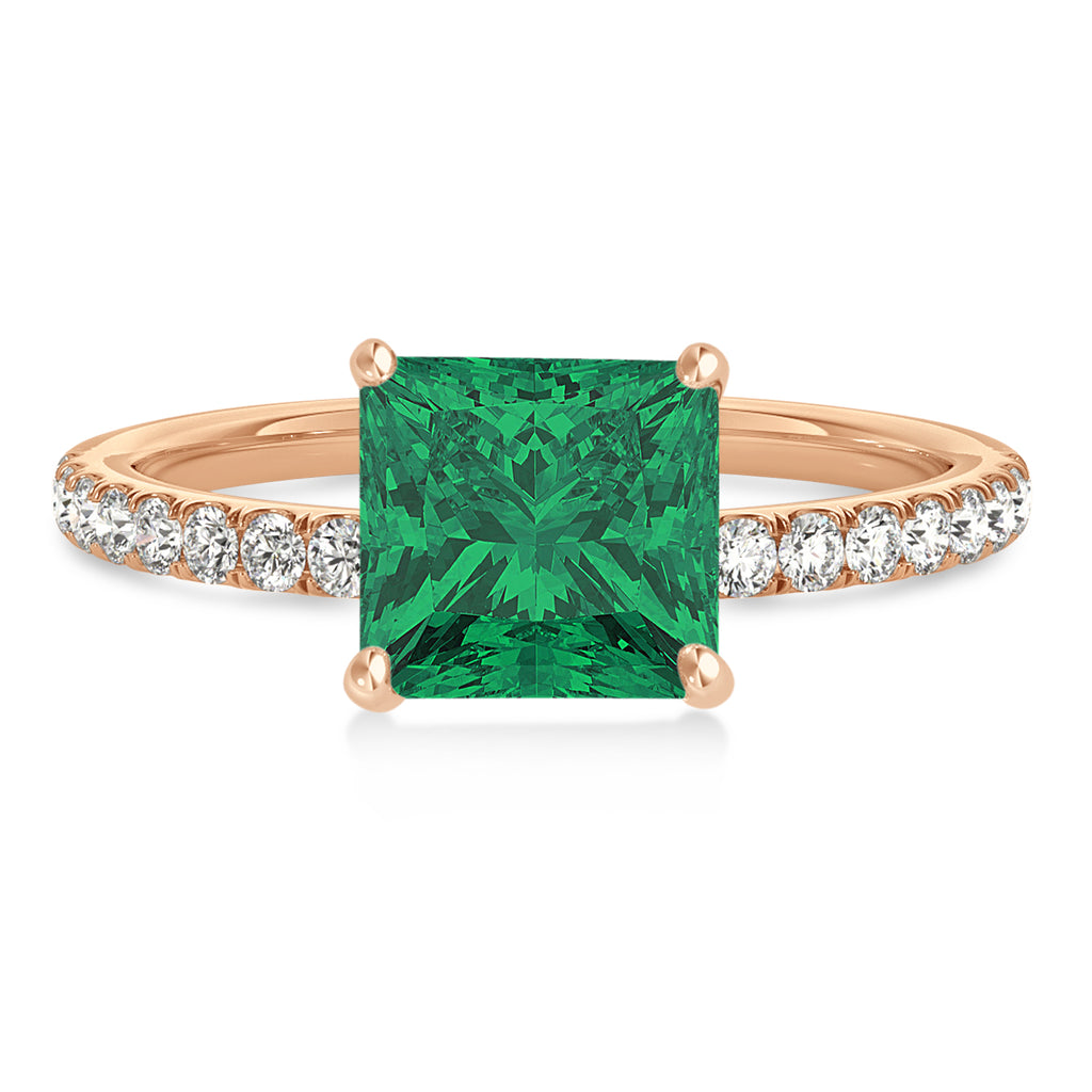 Princess Emerald & Diamond Single Row Hidden Halo Engagement Ring 14k Rose Gold (0.81ct)