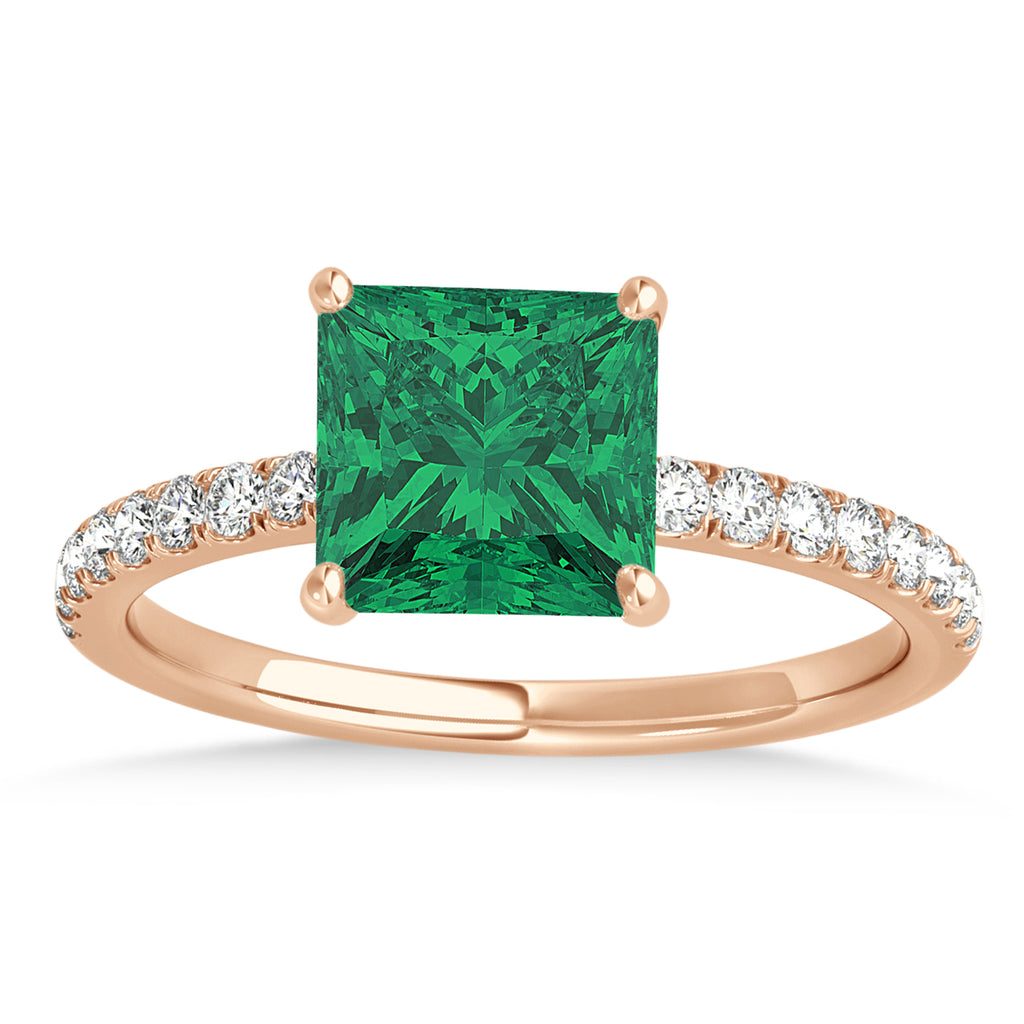 Princess Emerald & Diamond Single Row Hidden Halo Engagement Ring 14k Rose Gold (0.81ct)