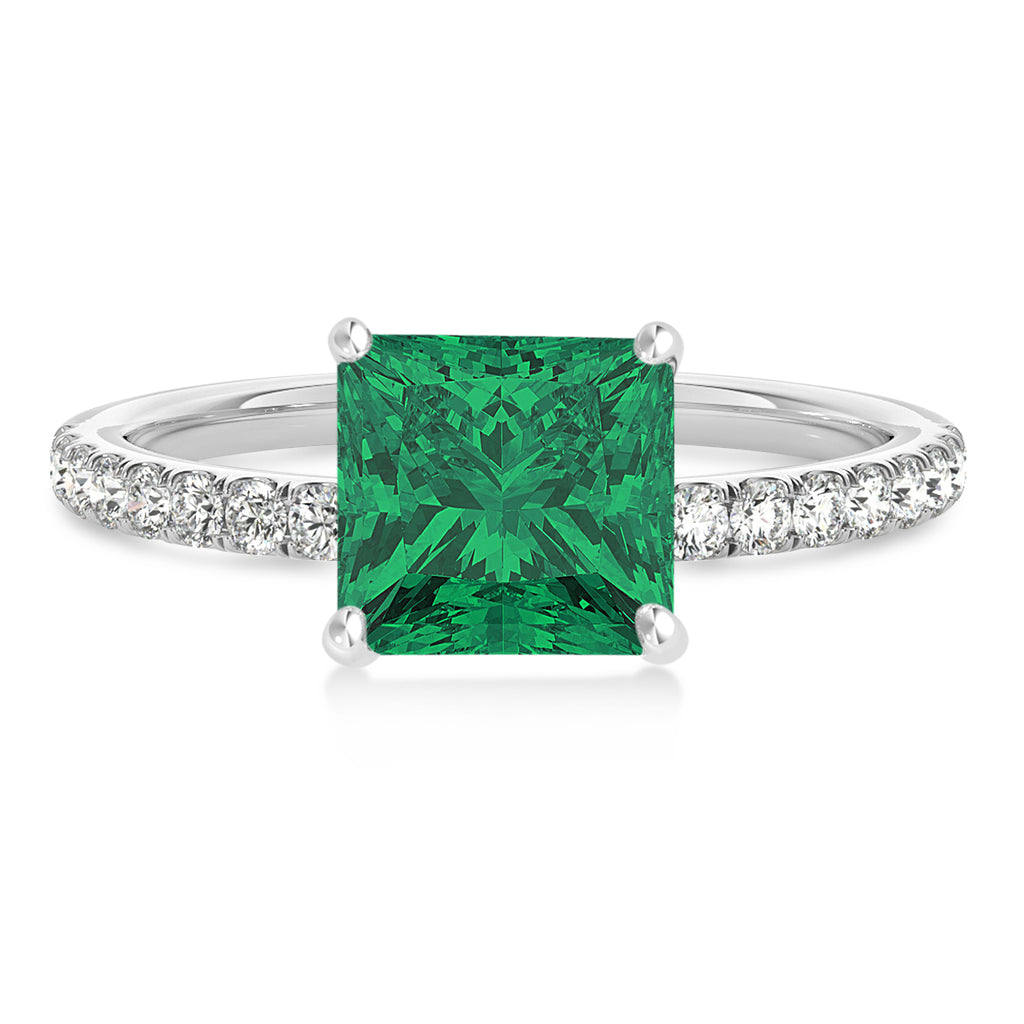 Princess Emerald & Diamond Single Row Hidden Halo Engagement Ring 14k White Gold (0.81ct)