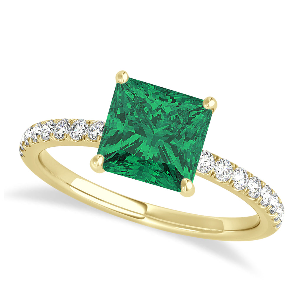 Princess Emerald & Diamond Single Row Hidden Halo Engagement Ring 14k Yellow Gold (0.81ct)