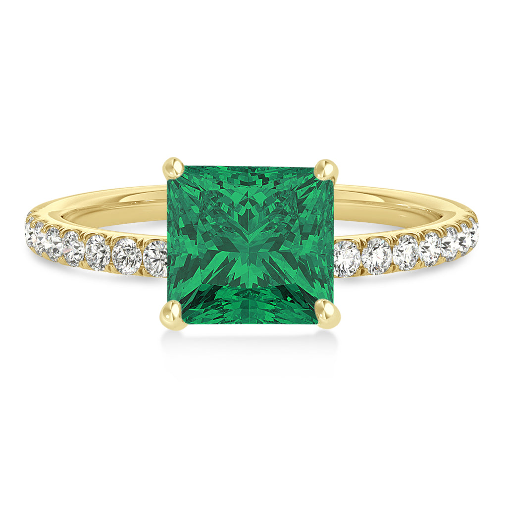 Princess Emerald & Diamond Single Row Hidden Halo Engagement Ring 14k Yellow Gold (0.81ct)