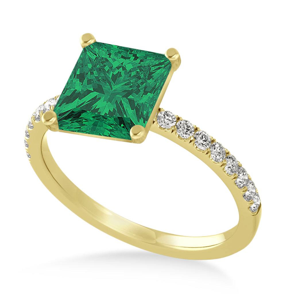 Princess Emerald & Diamond Single Row Hidden Halo Engagement Ring 14k Yellow Gold (0.81ct)
