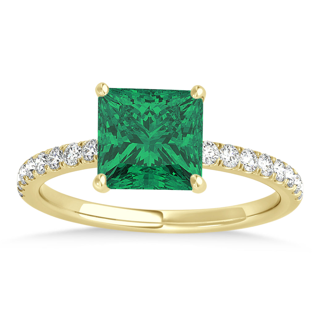 Princess Emerald & Diamond Single Row Hidden Halo Engagement Ring 14k Yellow Gold (0.81ct)