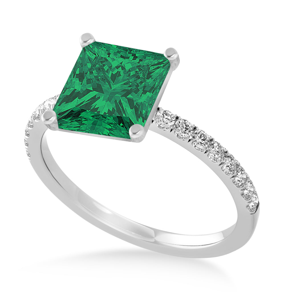 Princess Emerald & Diamond Single Row Hidden Halo Engagement Ring 18k White Gold (0.81ct)