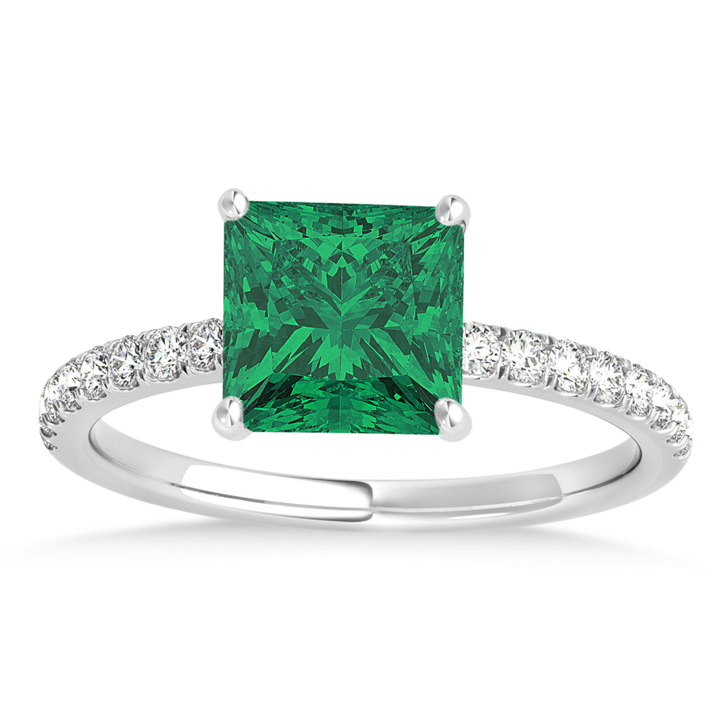 Princess Emerald & Diamond Single Row Hidden Halo Engagement Ring 18k White Gold (0.81ct)