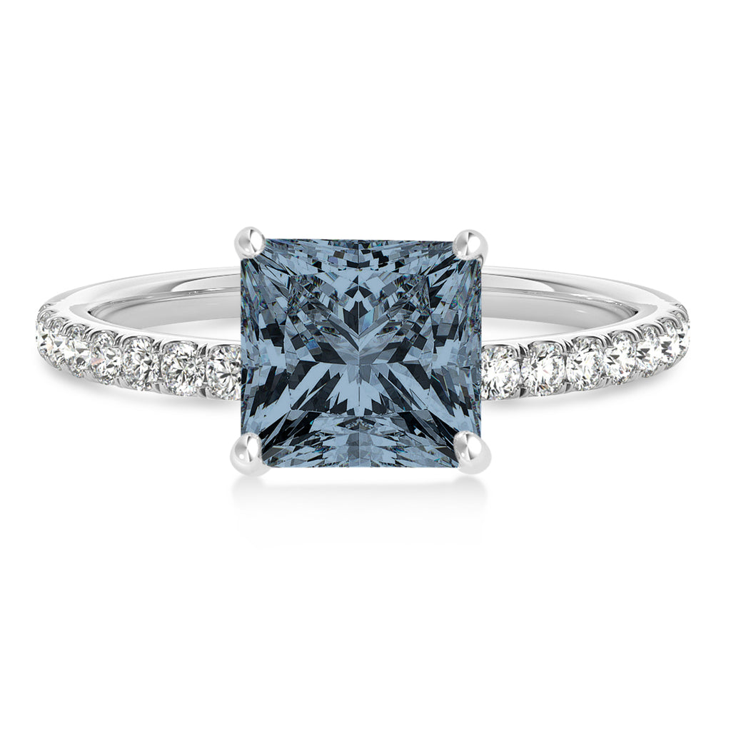 Princess Gray Spinel & Diamond Single Row Hidden Halo Engagement Ring 14k White Gold (0.81ct)
