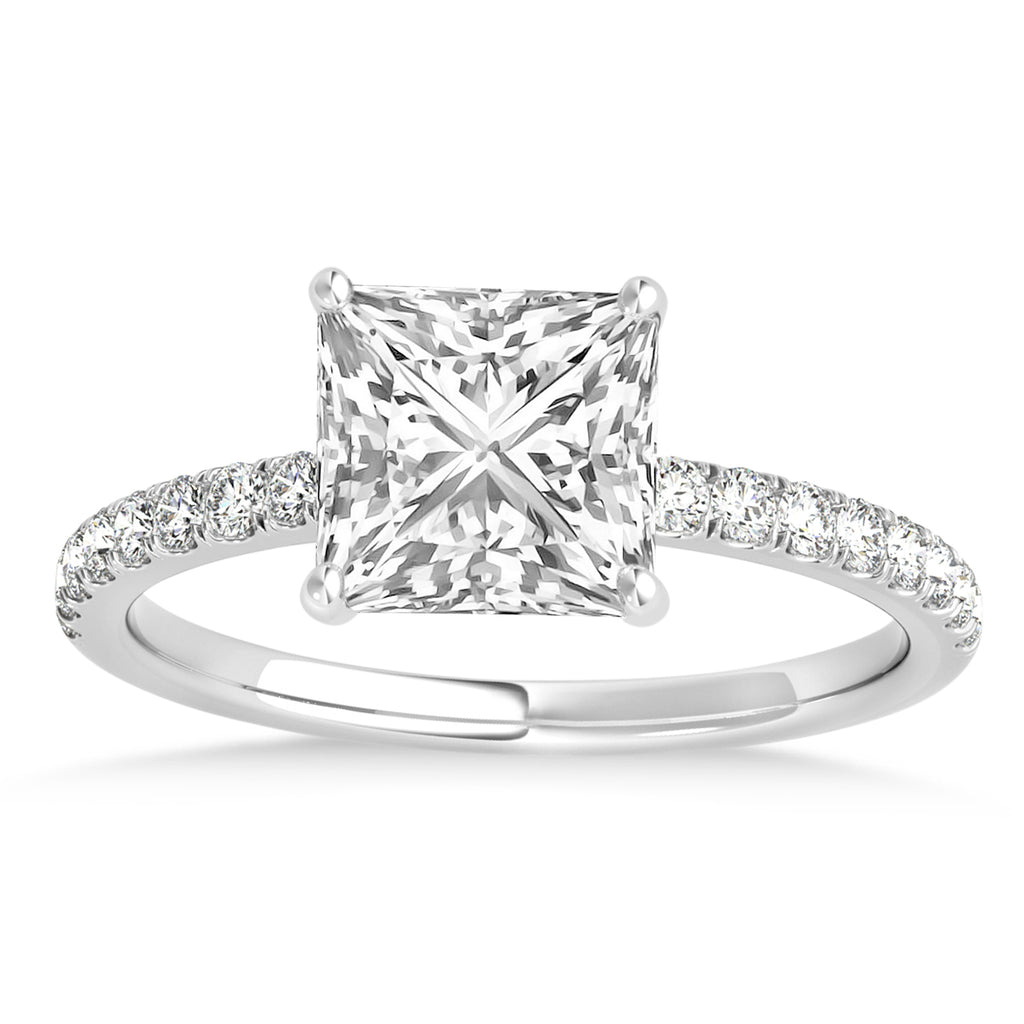 Princess Lab Grown Diamond Single Row Hidden Halo Engagement Ring 14k White Gold (0.81ct)