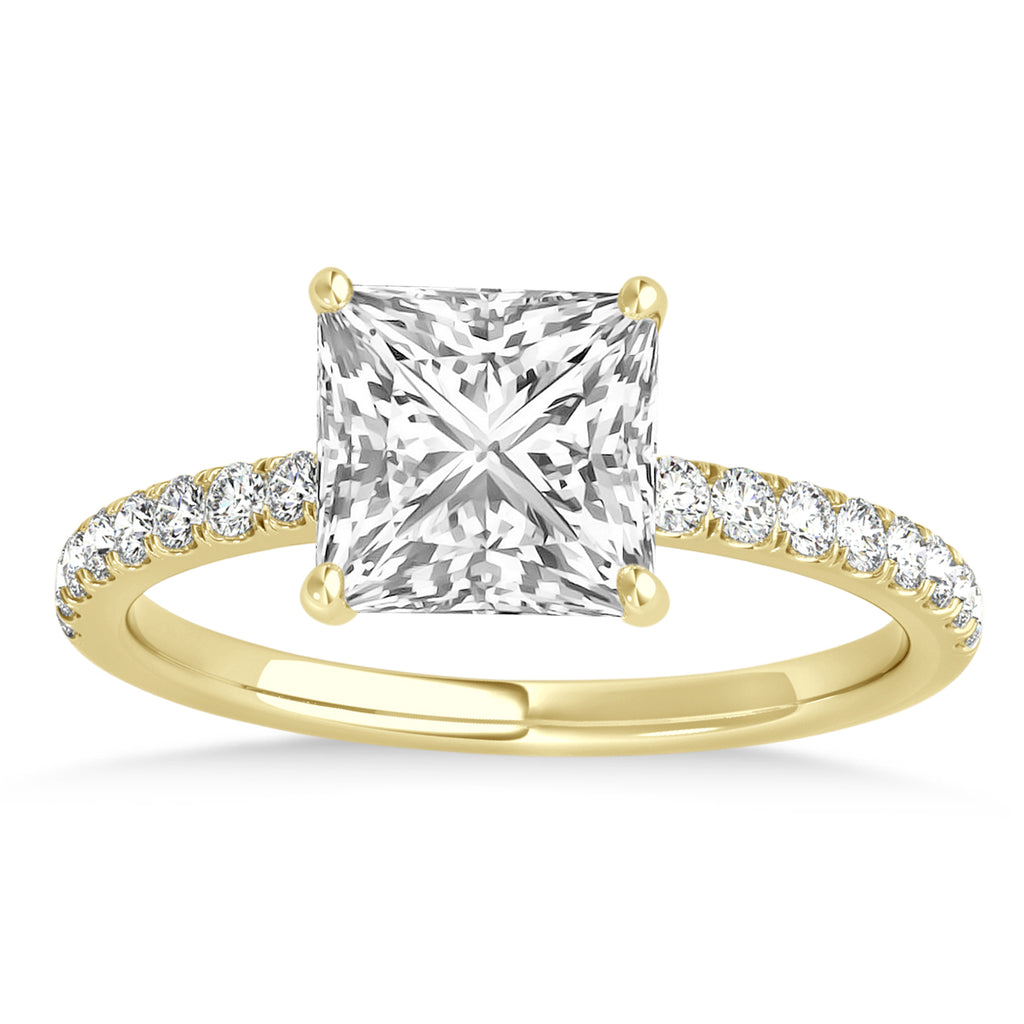 Princess Lab Diamond Single Row Hidden Halo Engagement Ring 14k Yellow Gold (0.81ct)