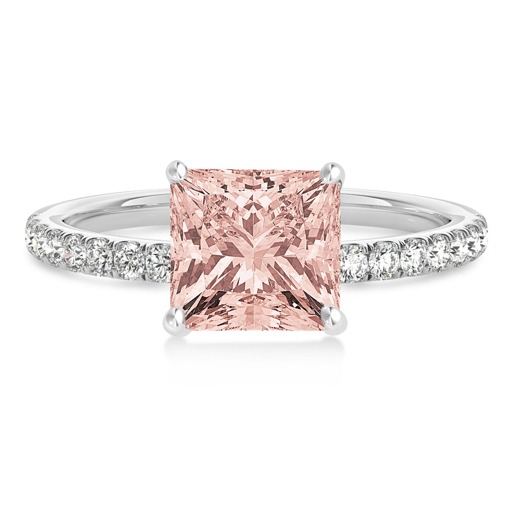 Princess Morganite & Diamond Single Row Hidden Halo Engagement Ring Palladium (0.81ct)