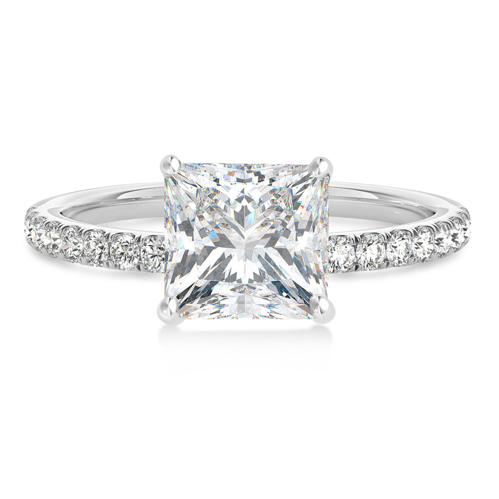 Princess Moissanite & Diamond Single Row Hidden Halo Engagement Ring 14k White Gold (0.81ct)