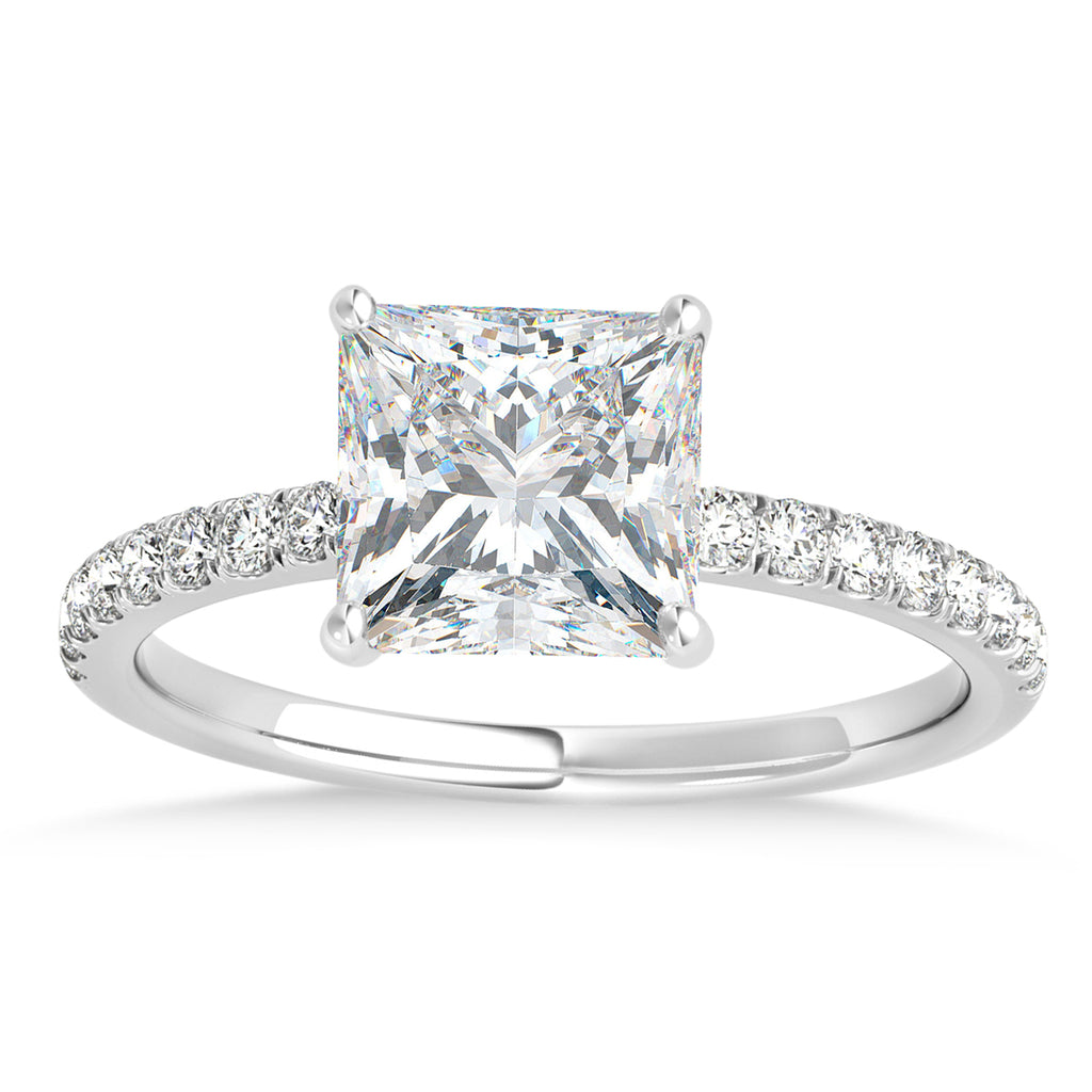 Princess Moissanite & Diamond Single Row Hidden Halo Engagement Ring 14k White Gold (0.81ct)