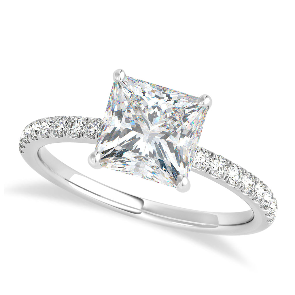 Princess Moissanite & Diamond Single Row Hidden Halo Engagement Ring 18k White Gold (0.81ct)