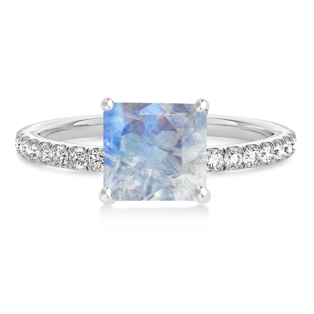 Princess Moonstone & Diamond Single Row Hidden Halo Engagement Ring 14k White Gold (0.81ct)