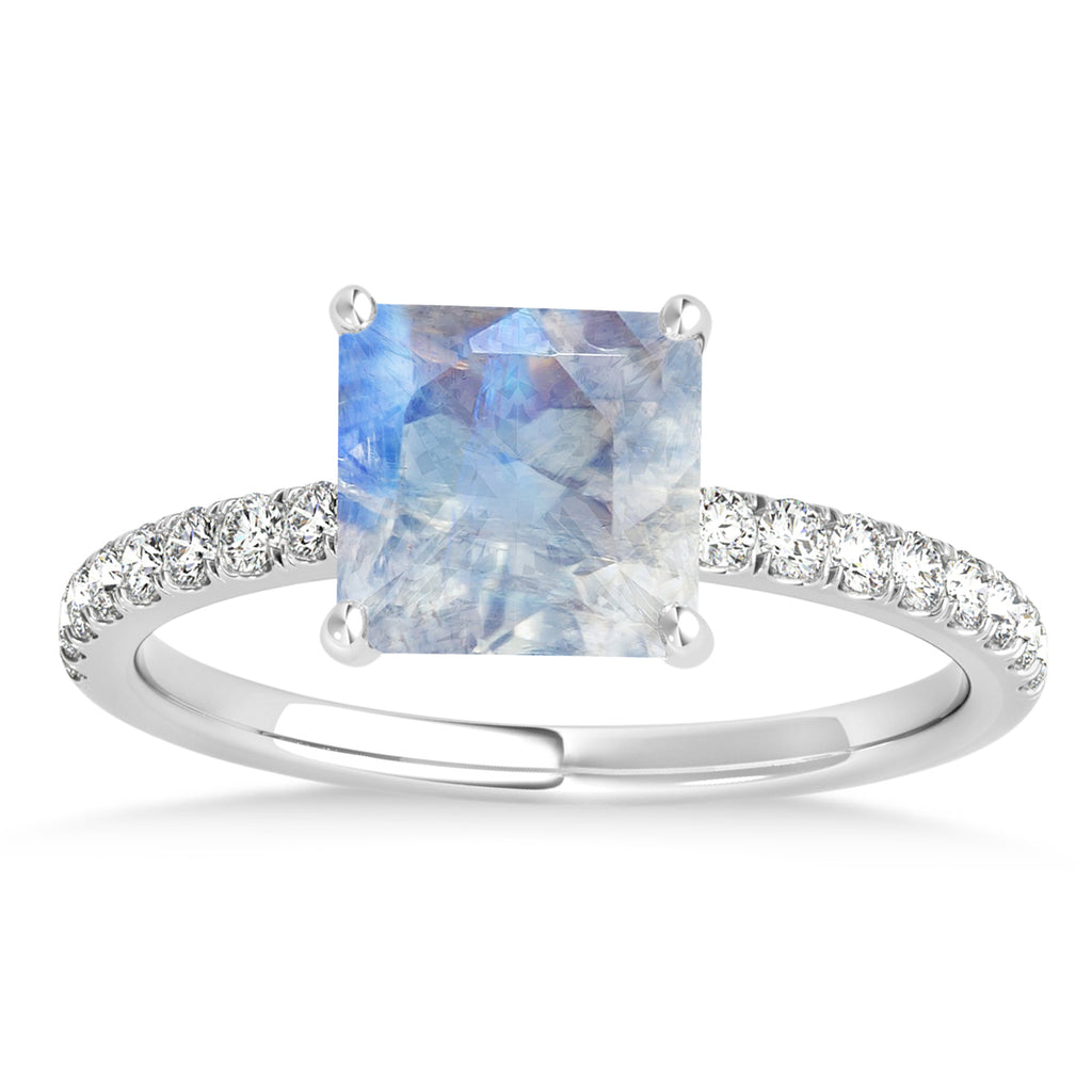 Princess Moonstone & Diamond Single Row Hidden Halo Engagement Ring 14k White Gold (0.81ct)