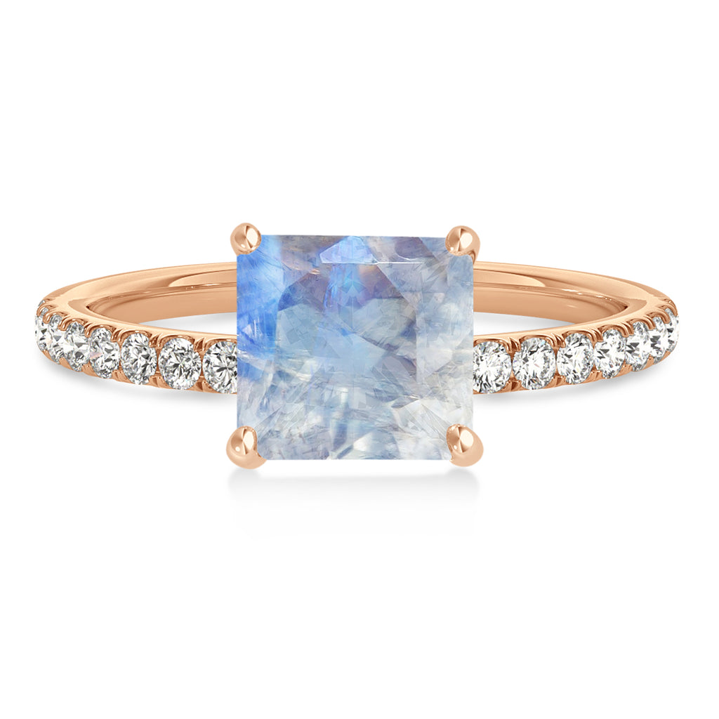 Princess Moonstone & Diamond Single Row Hidden Halo Engagement Ring 18k Rose Gold (0.81ct)