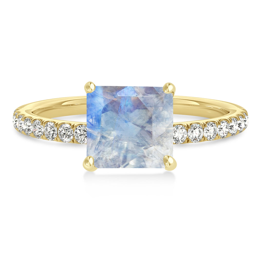 Princess Moonstone & Diamond Single Row Hidden Halo Engagement Ring 18k Yellow Gold (0.81ct)