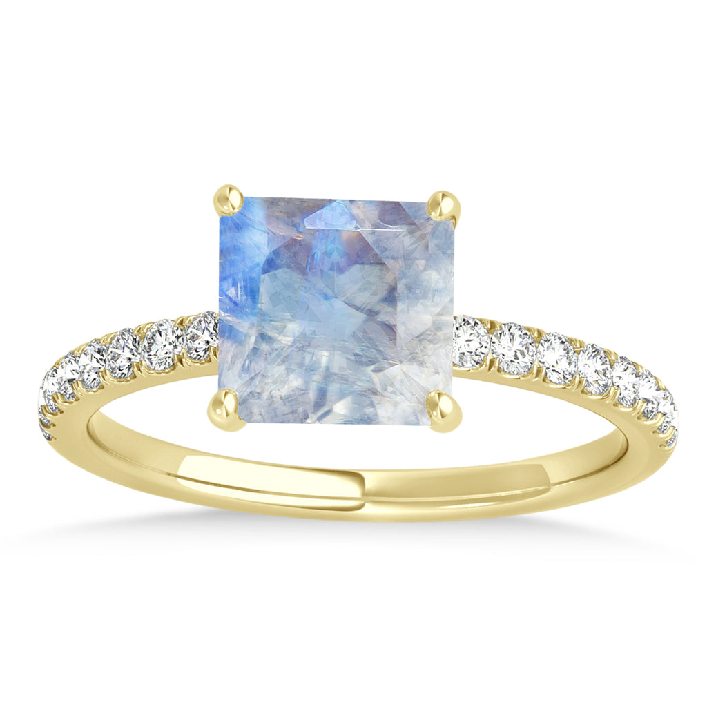 Princess Moonstone & Diamond Single Row Hidden Halo Engagement Ring 18k Yellow Gold (0.81ct)
