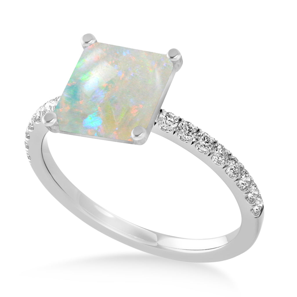 Princess Opal & Diamond Single Row Hidden Halo Engagement Ring 14k White Gold (0.81ct)