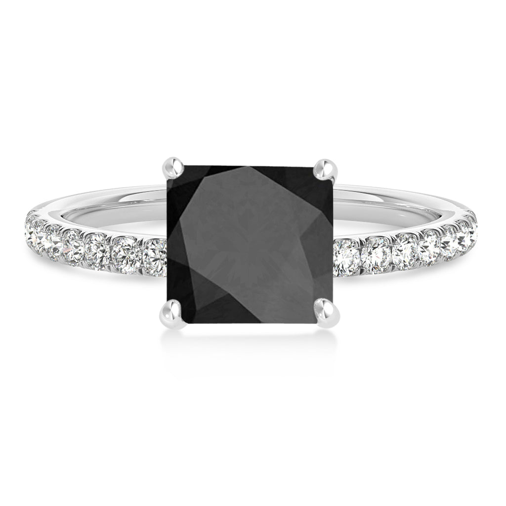 Princess Onyx & Diamond Single Row Hidden Halo Engagement Ring 18k White Gold (0.81ct)