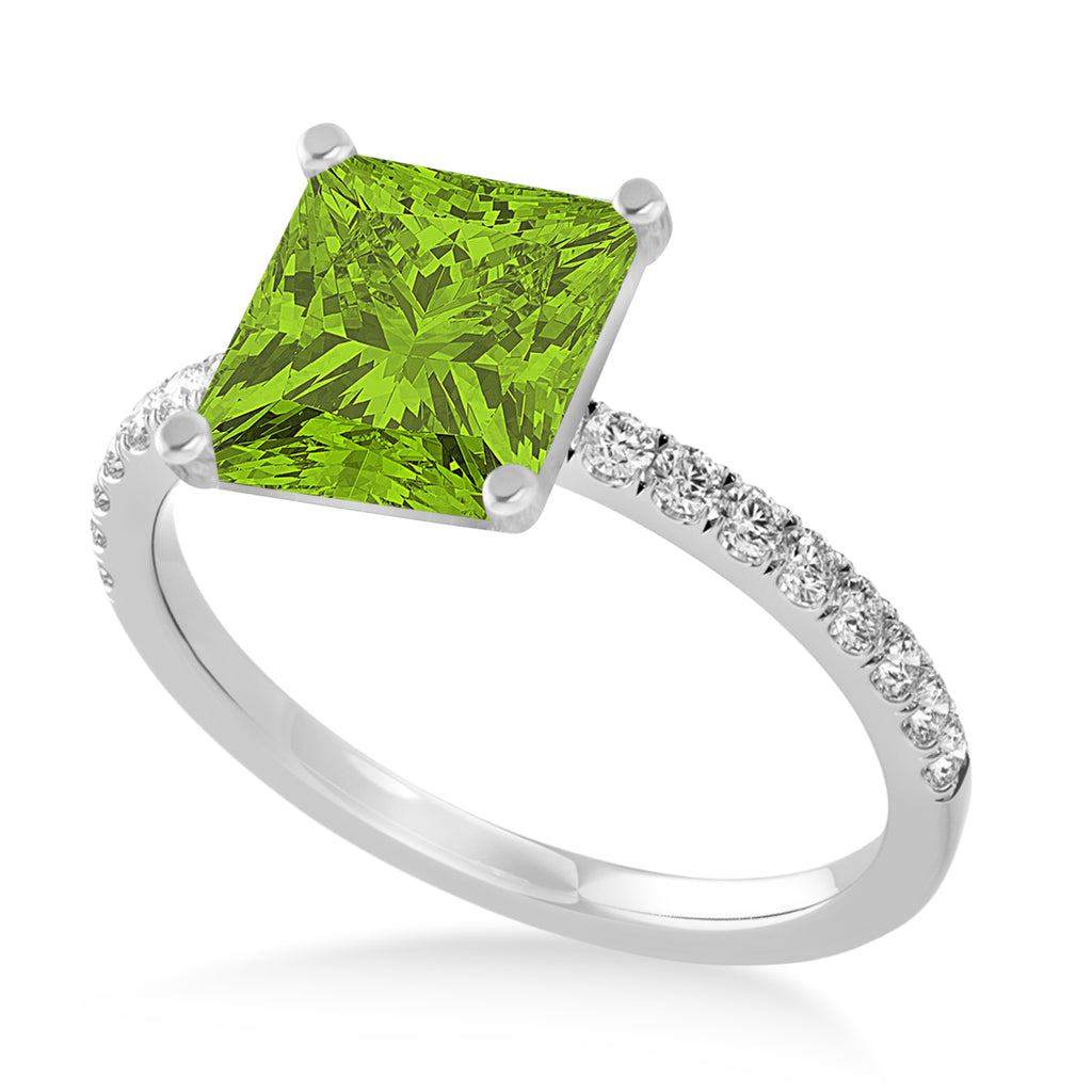 Princess Peridot & Diamond Single Row Hidden Halo Engagement Ring 14k White Gold (0.81ct)