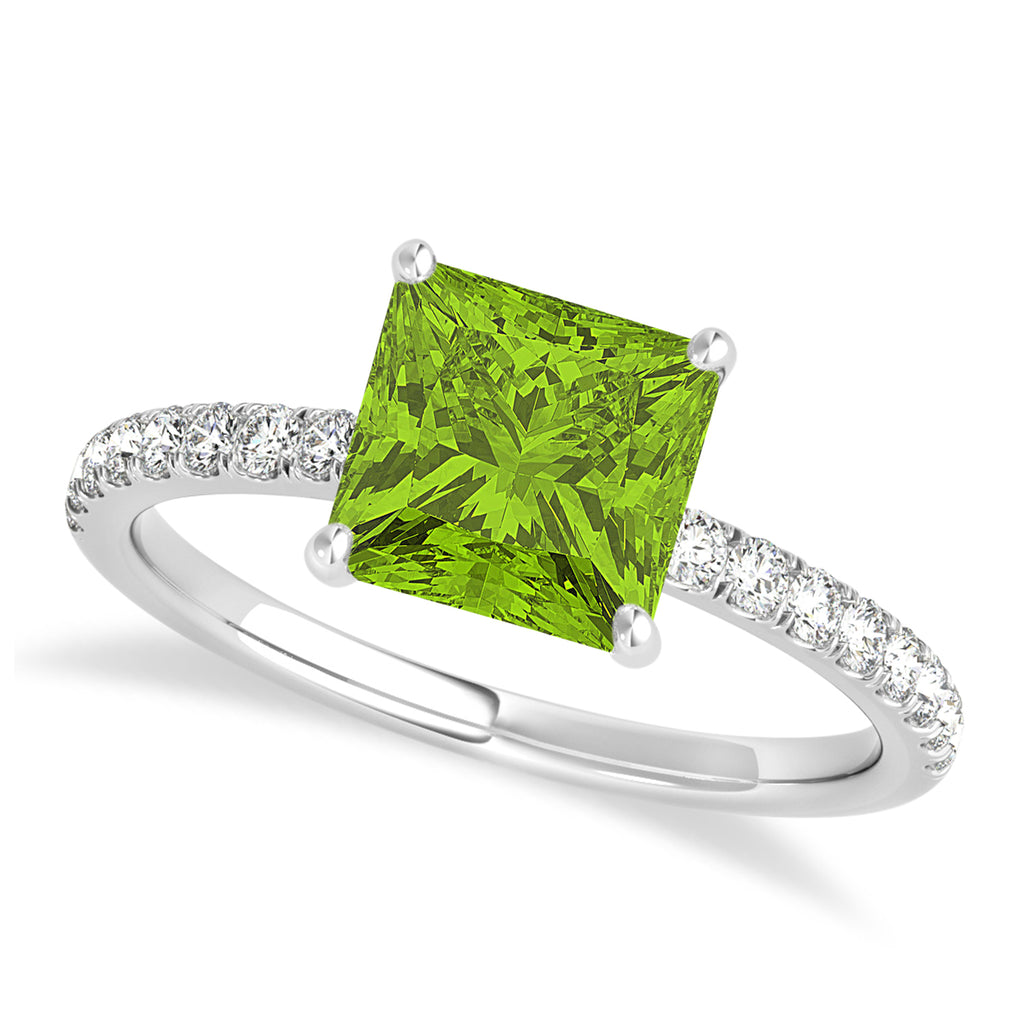 Princess Peridot & Diamond Single Row Hidden Halo Engagement Ring 18k White Gold (0.81ct)