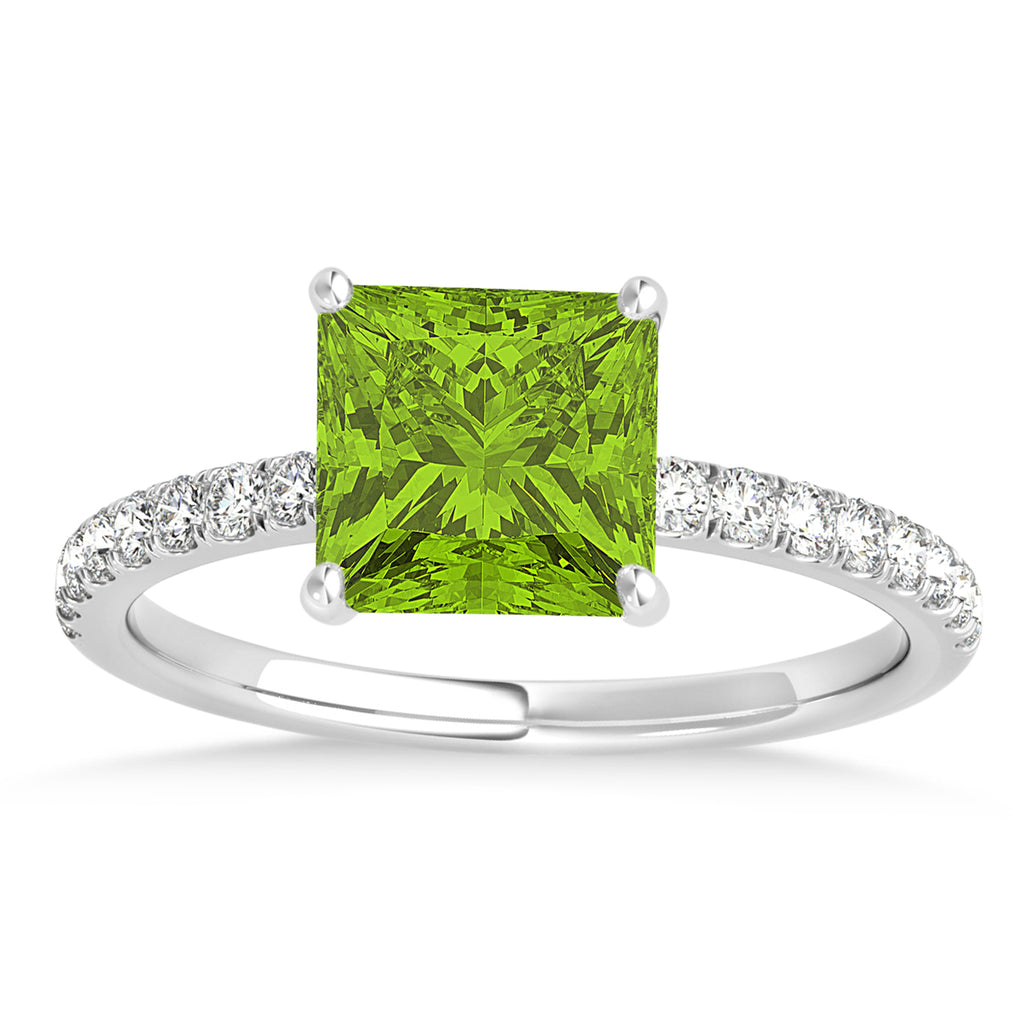 Princess Peridot & Diamond Single Row Hidden Halo Engagement Ring 18k White Gold (0.81ct)