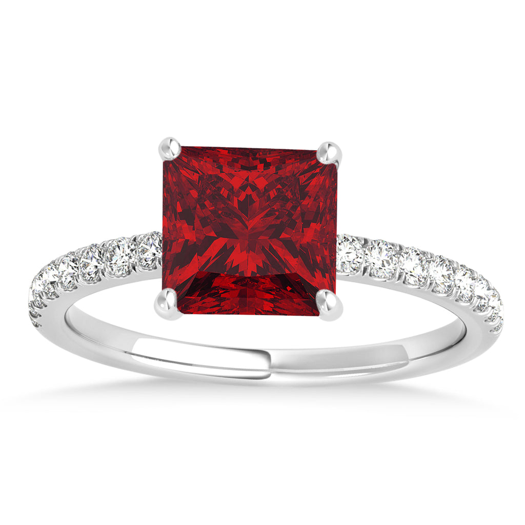 Princess Ruby & Diamond Single Row Hidden Halo Engagement Ring 14k White Gold (0.81ct)