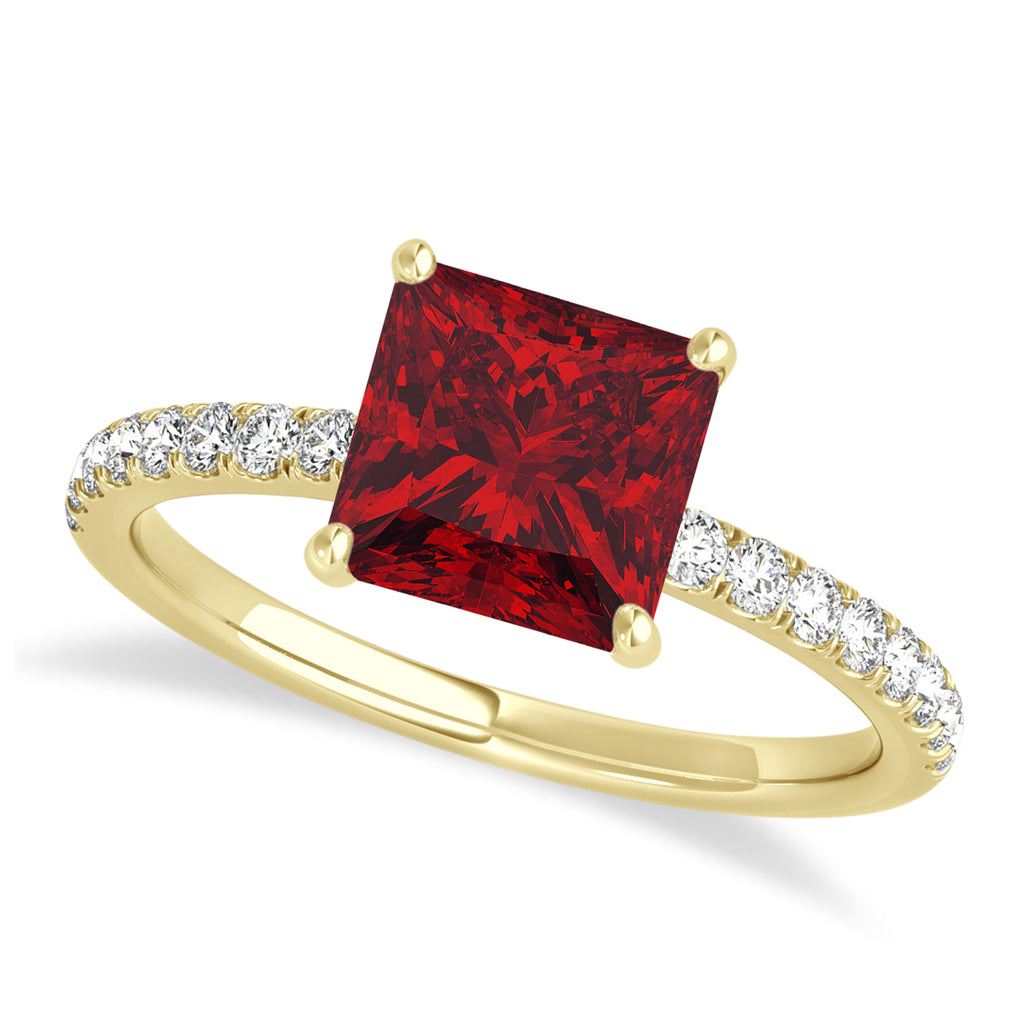 Princess Ruby & Diamond Single Row Hidden Halo Engagement Ring 14k Yellow Gold (0.81ct)
