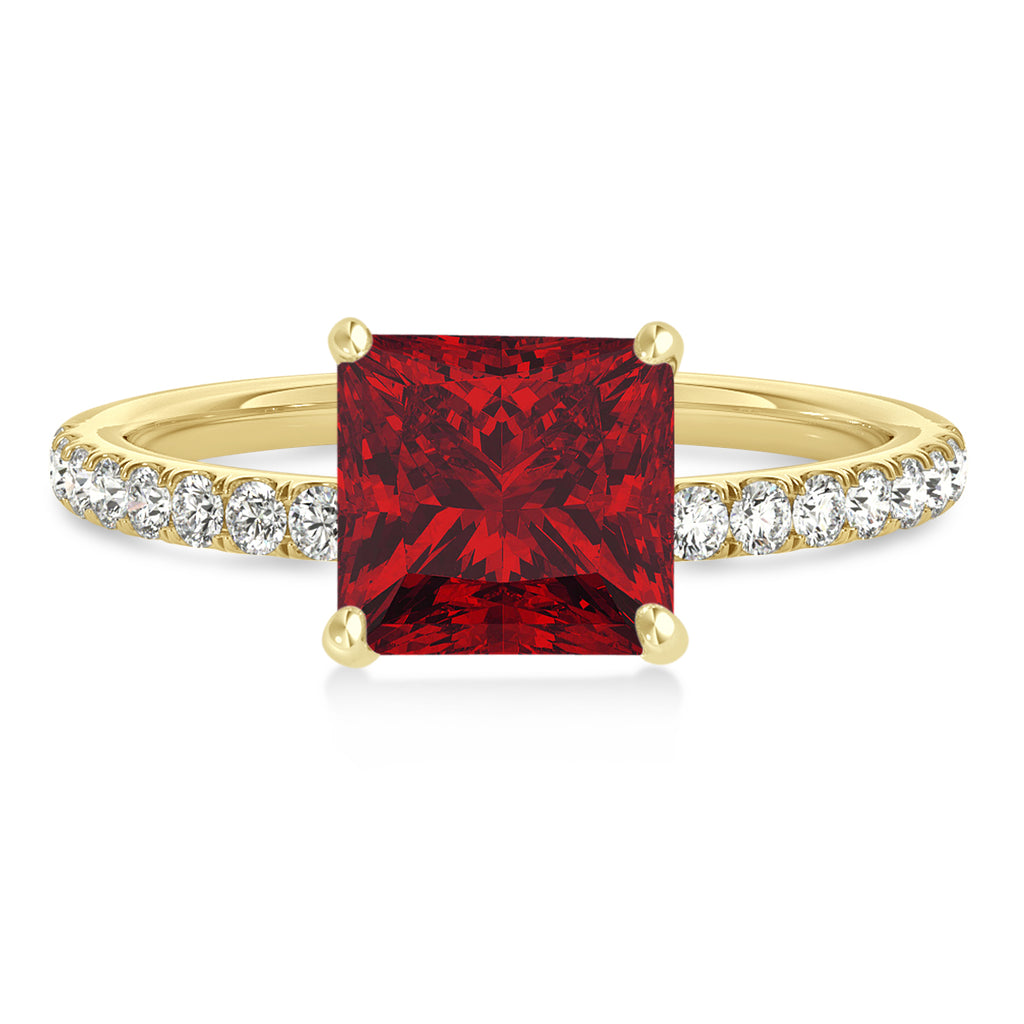Princess Ruby & Diamond Single Row Hidden Halo Engagement Ring 14k Yellow Gold (0.81ct)