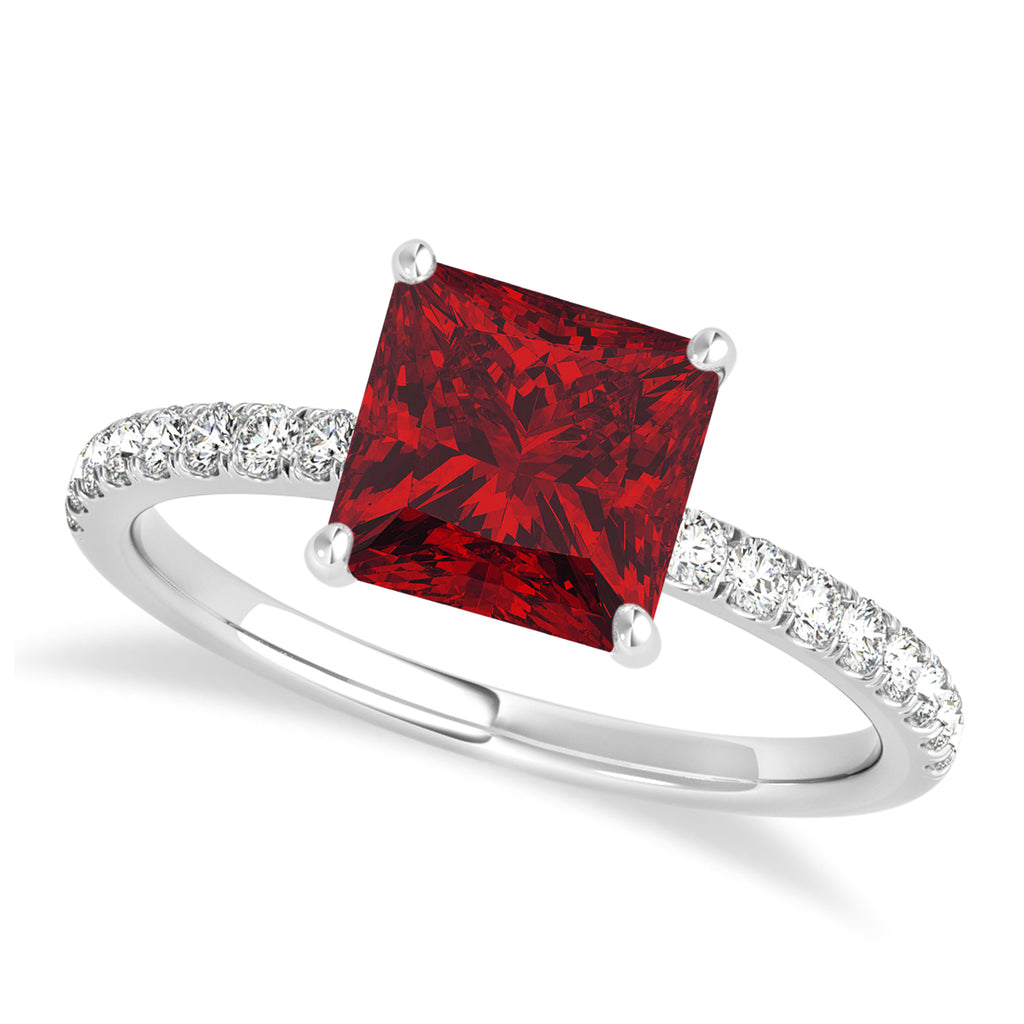 Princess Ruby & Diamond Single Row Hidden Halo Engagement Ring 18k White Gold (0.81ct)