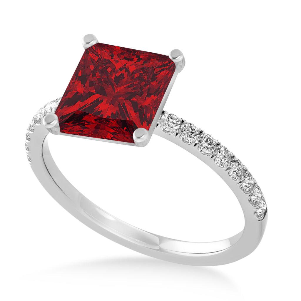 Princess Ruby & Diamond Single Row Hidden Halo Engagement Ring 18k White Gold (0.81ct)
