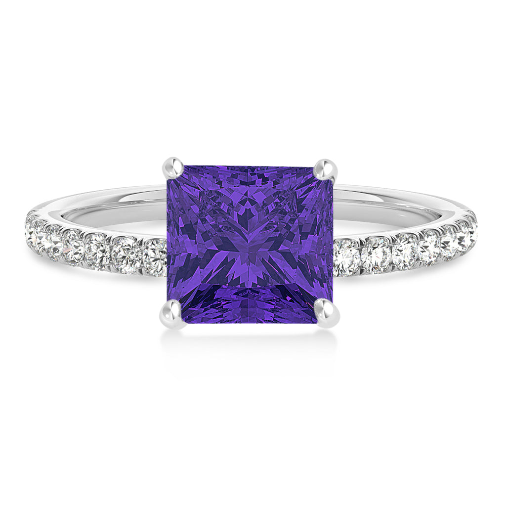 Princess Tanzanite & Diamond Single Row Hidden Halo Engagement Ring 14k White Gold (0.81ct)