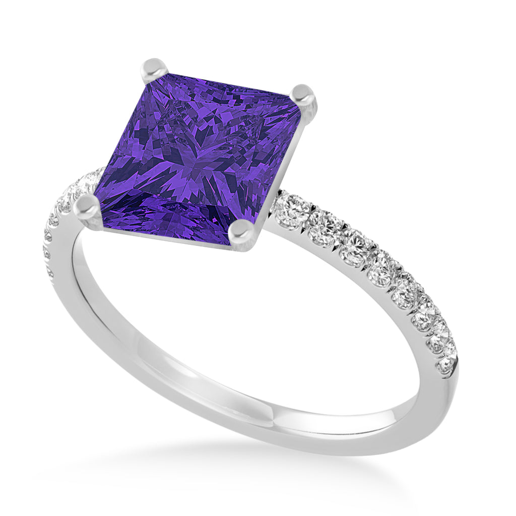 Princess Tanzanite & Diamond Single Row Hidden Halo Engagement Ring 14k White Gold (0.81ct)