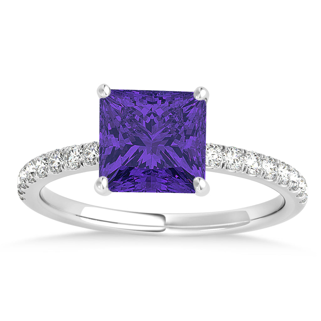 Princess Tanzanite & Diamond Single Row Hidden Halo Engagement Ring 14k White Gold (0.81ct)