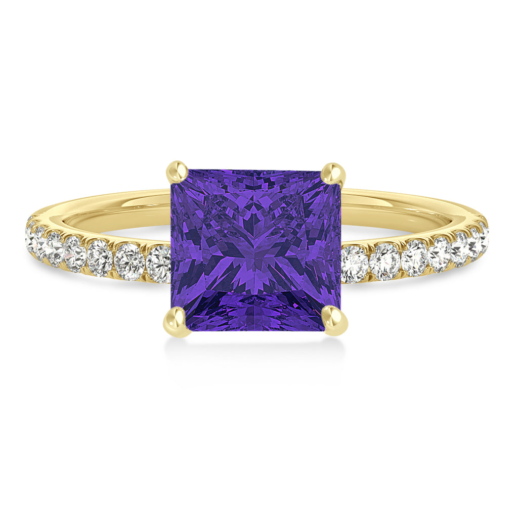 Princess Tanzanite & Diamond Single Row Hidden Halo Engagement Ring 14k Yellow Gold (0.81ct)