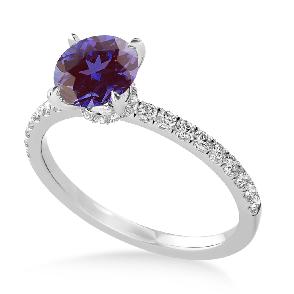 Round Alexandrite & Diamond Single Row Hidden Halo Engagement Ring 14k White Gold (1.25ct)