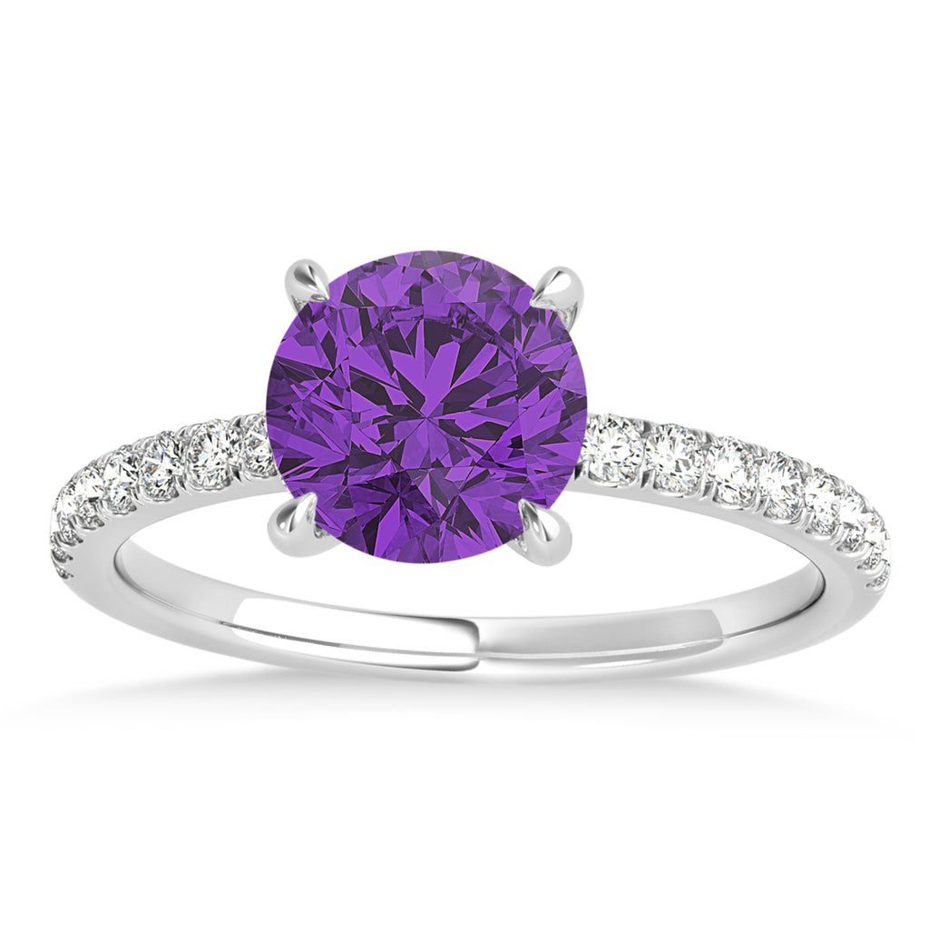 Round Amethyst & Diamond Single Row Hidden Halo Engagement Ring 14k White Gold (1.25ct)
