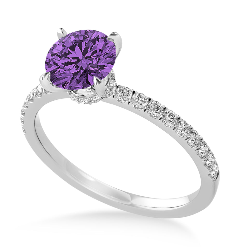 Round Amethyst & Diamond Single Row Hidden Halo Engagement Ring 18k White Gold (1.25ct)