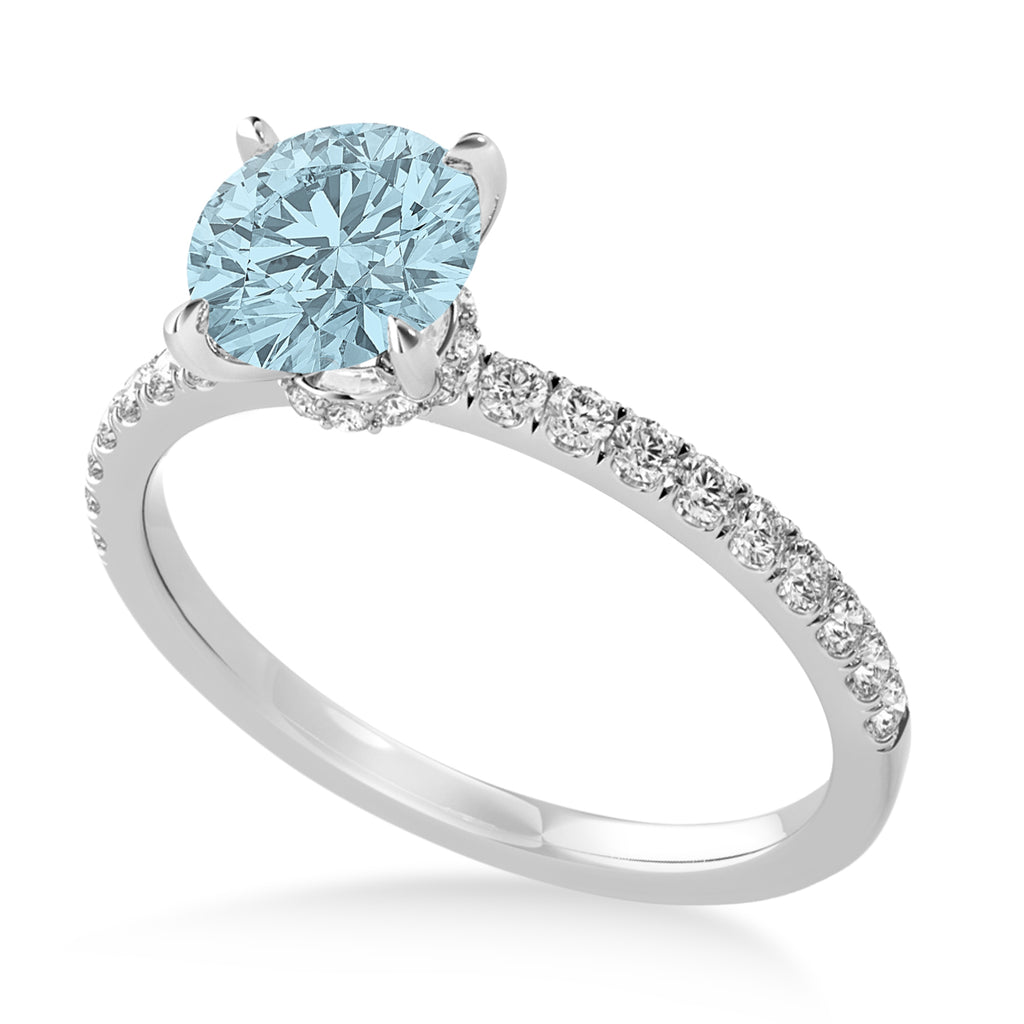 Round Aquamarine & Diamond Single Row Hidden Halo Engagement Ring 14k White Gold (1.25ct)