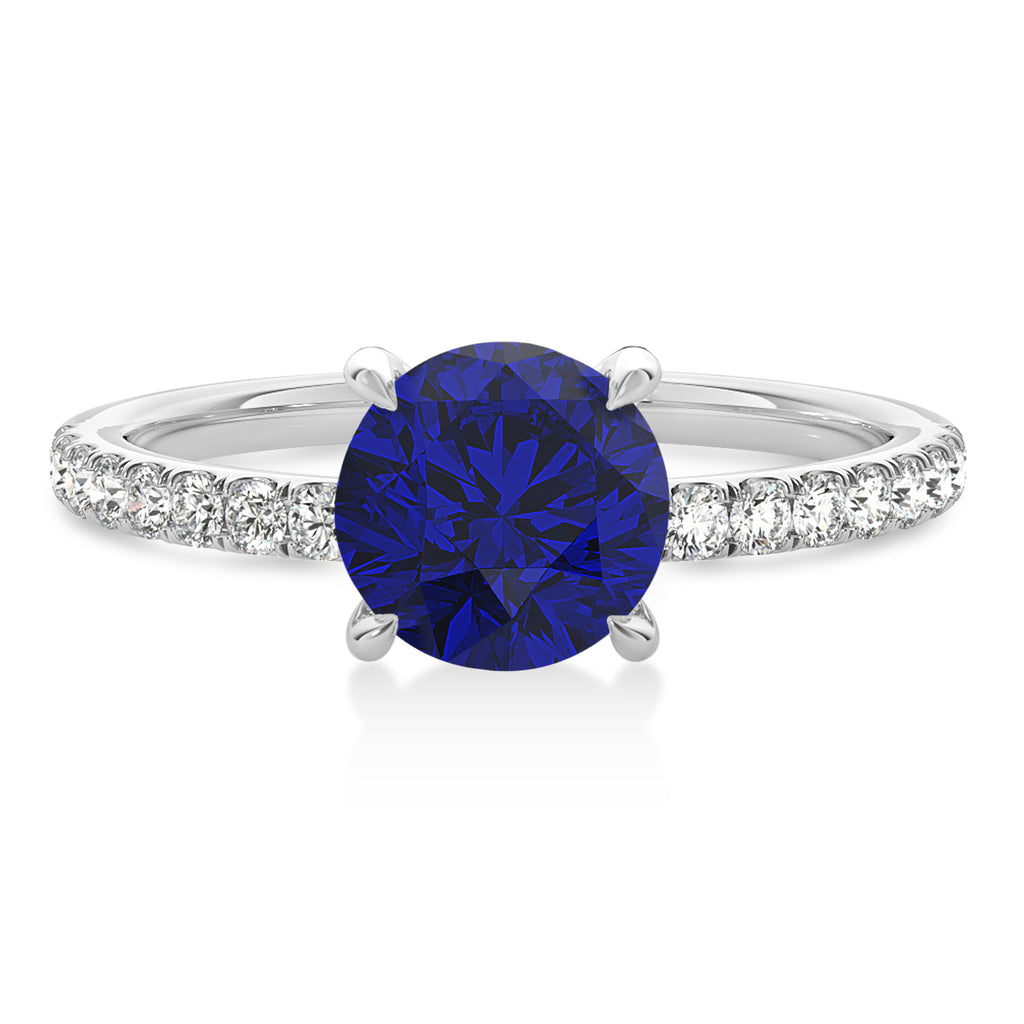 Round Blue Sapphire & Diamond Single Row Hidden Halo Engagement Ring 14k White Gold (1.25ct)