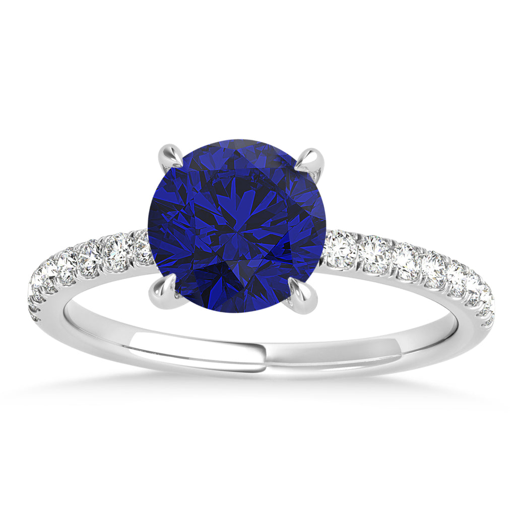 Round Blue Sapphire & Diamond Single Row Hidden Halo Engagement Ring 14k White Gold (1.25ct)
