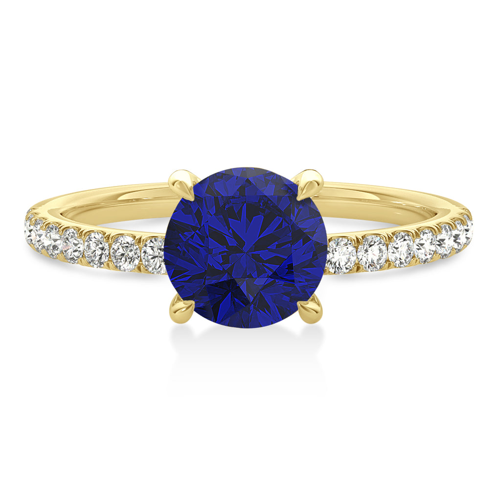 Round Blue Sapphire & Diamond Single Row Hidden Halo Engagement Ring 14k Yellow Gold (1.25ct)