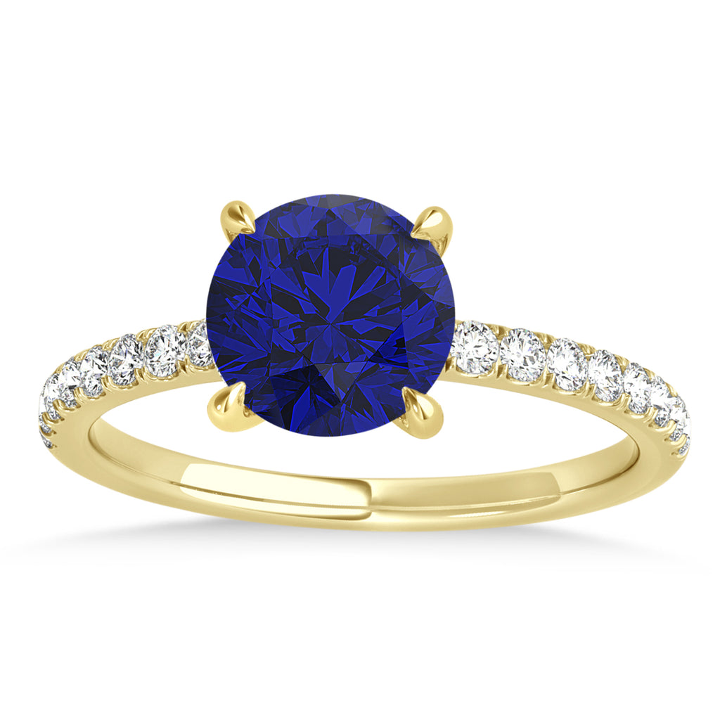 Round Blue Sapphire & Diamond Single Row Hidden Halo Engagement Ring 14k Yellow Gold (1.25ct)
