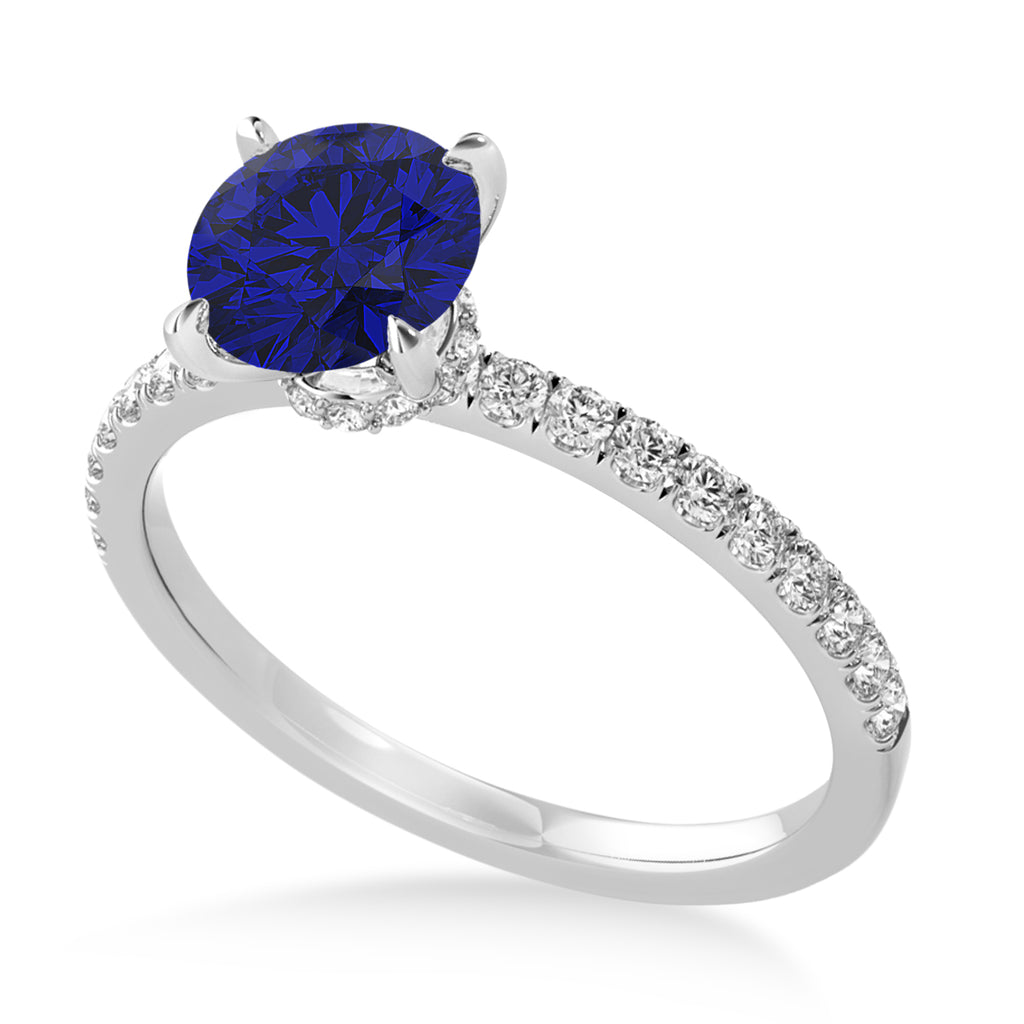 Round Blue Sapphire & Diamond Single Row Hidden Halo Engagement Ring 18k White Gold (1.25ct)