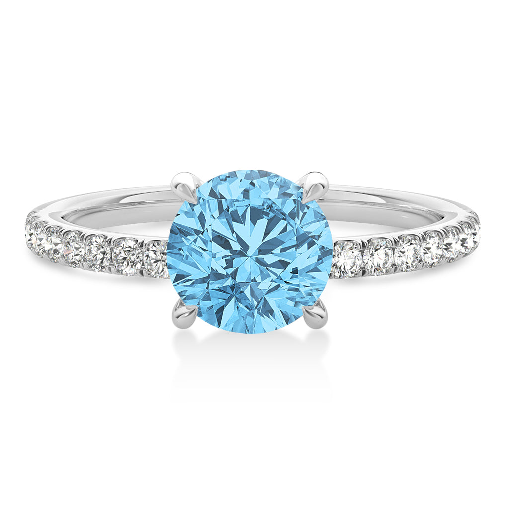 Round Blue Topaz & Diamond Single Row Hidden Halo Engagement Ring 14k White Gold (1.25ct)