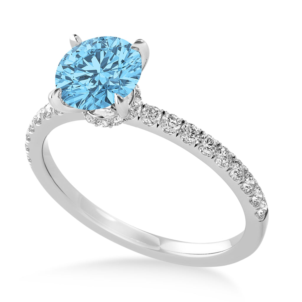 Round Blue Topaz & Diamond Single Row Hidden Halo Engagement Ring 14k White Gold (1.25ct)