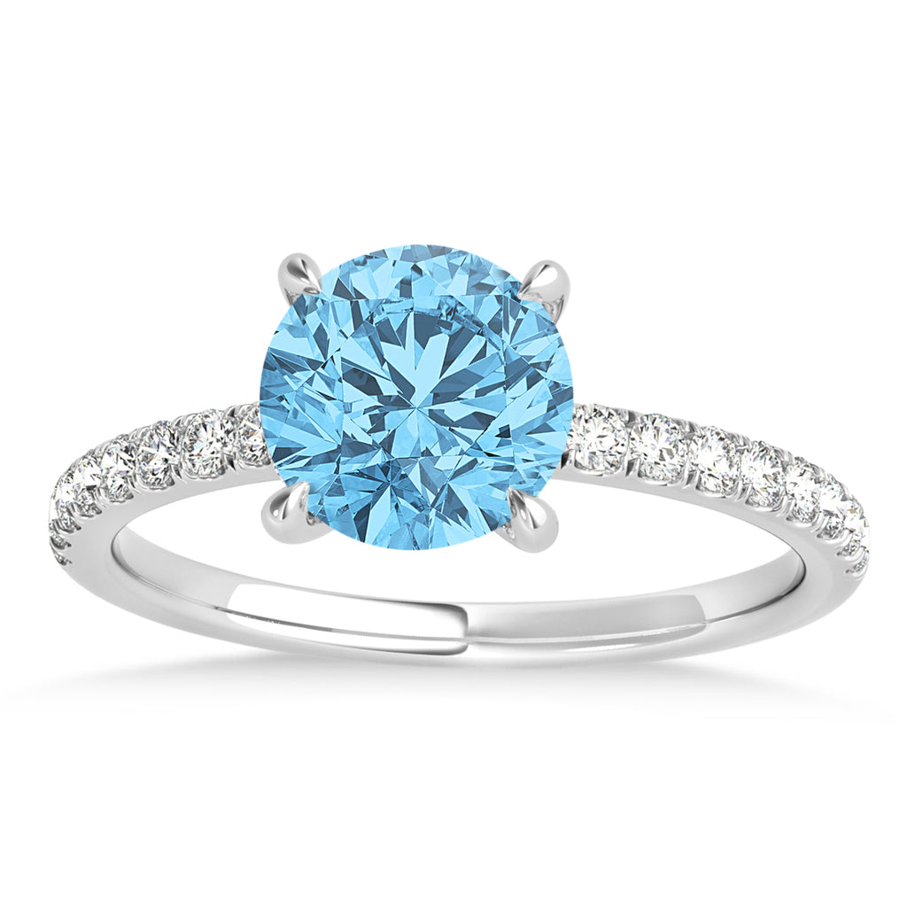 Round Blue Topaz & Diamond Single Row Hidden Halo Engagement Ring 14k White Gold (1.25ct)